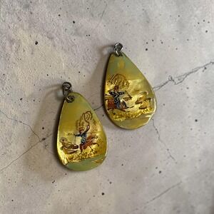 Vintage Persian Miniature Hand Painted Mother of Pearl Teardrop Pendants Set 2